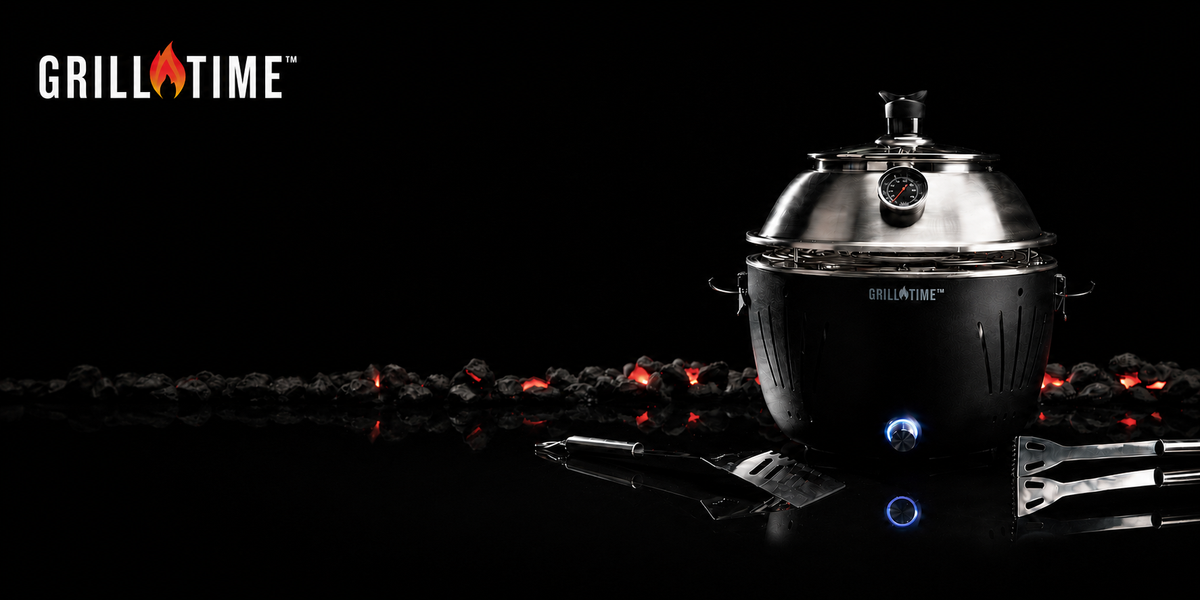 Asador portátil Grill Time de acero inoxidable con tapa y termómetro junto a utensilios para asar