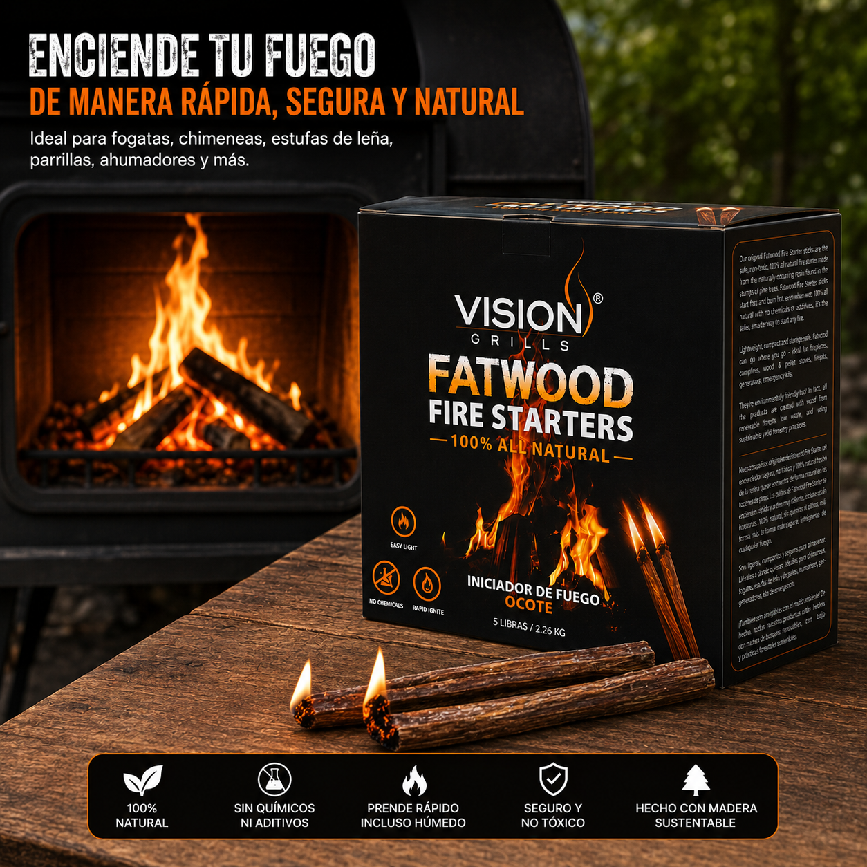 Iniciador de Fuego Ocote Vision Grills | Fatwood Fire Starters 5 lb