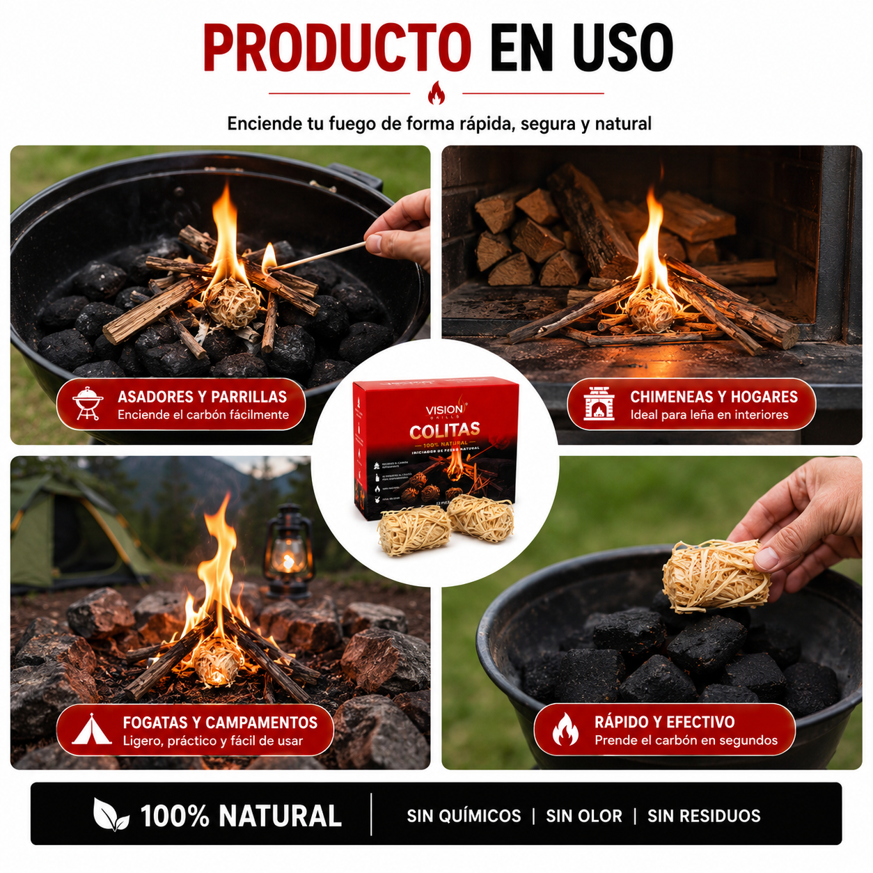 Colitas Vision Grills 100% Natural | Encendedor para Asadores, Chimeneas y Fogatas