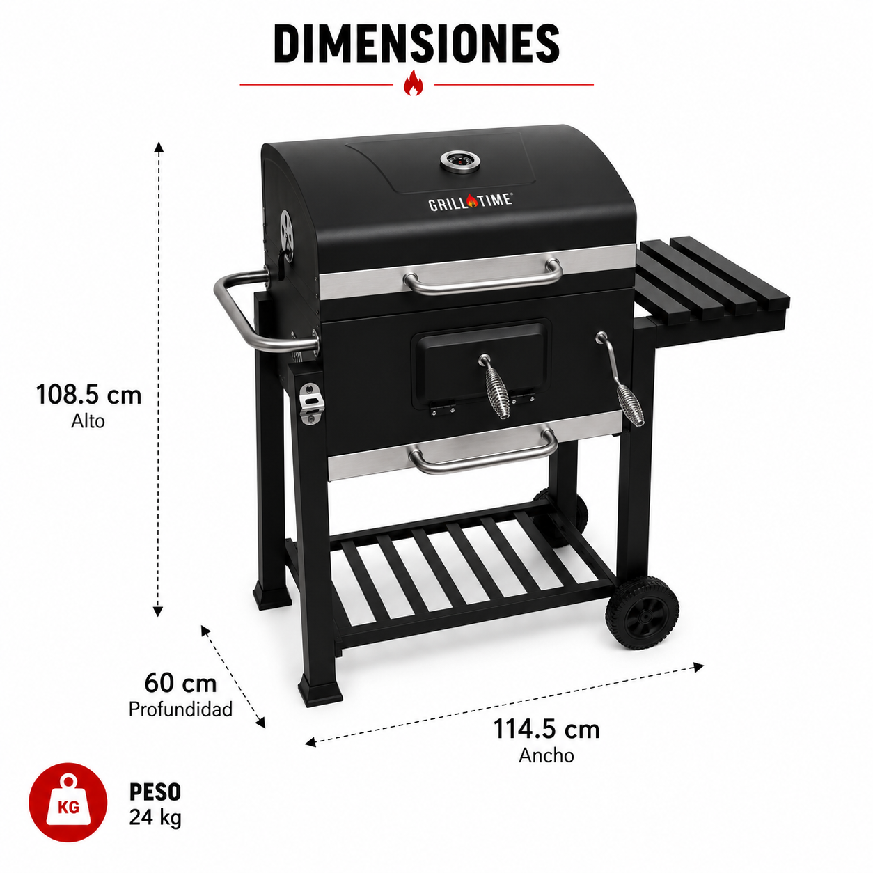 Asador Cuadrado De Hierro Deluxe Con Ruedas Y Mesa Lateral