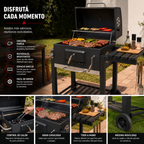 Asador Cuadrado De Hierro Deluxe Con Ruedas Y Mesa Lateral