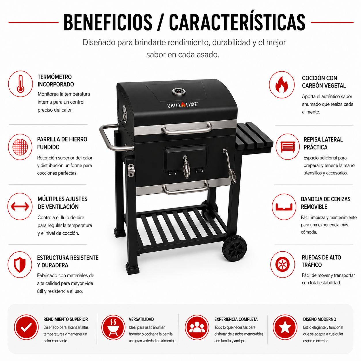 Asador Cuadrado De Hierro Deluxe Con Ruedas Y Mesa Lateral