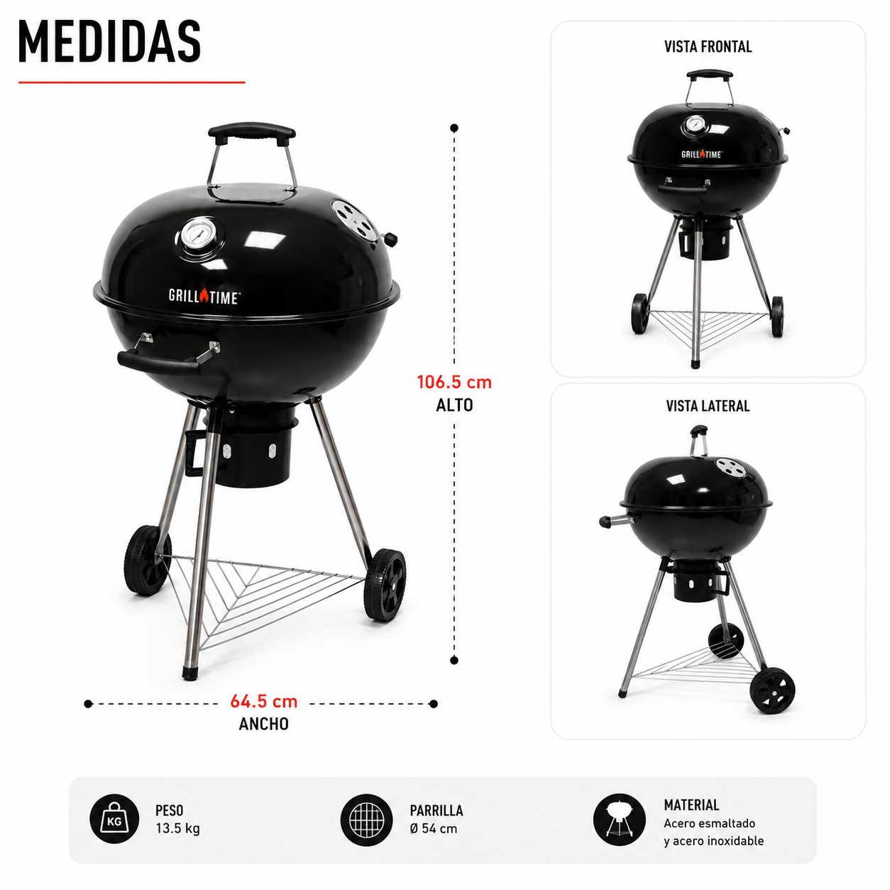 Asador Redondo de Carbón Tipo Kettle Grill Time para Jardín y Exterior