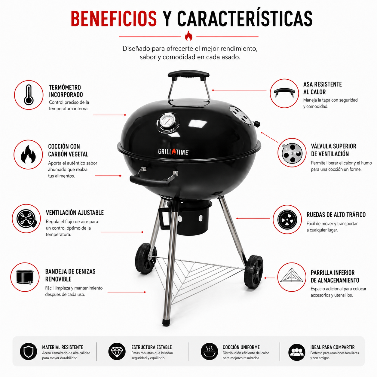 Asador Redondo de Carbón Tipo Kettle Grill Time para Jardín y Exterior