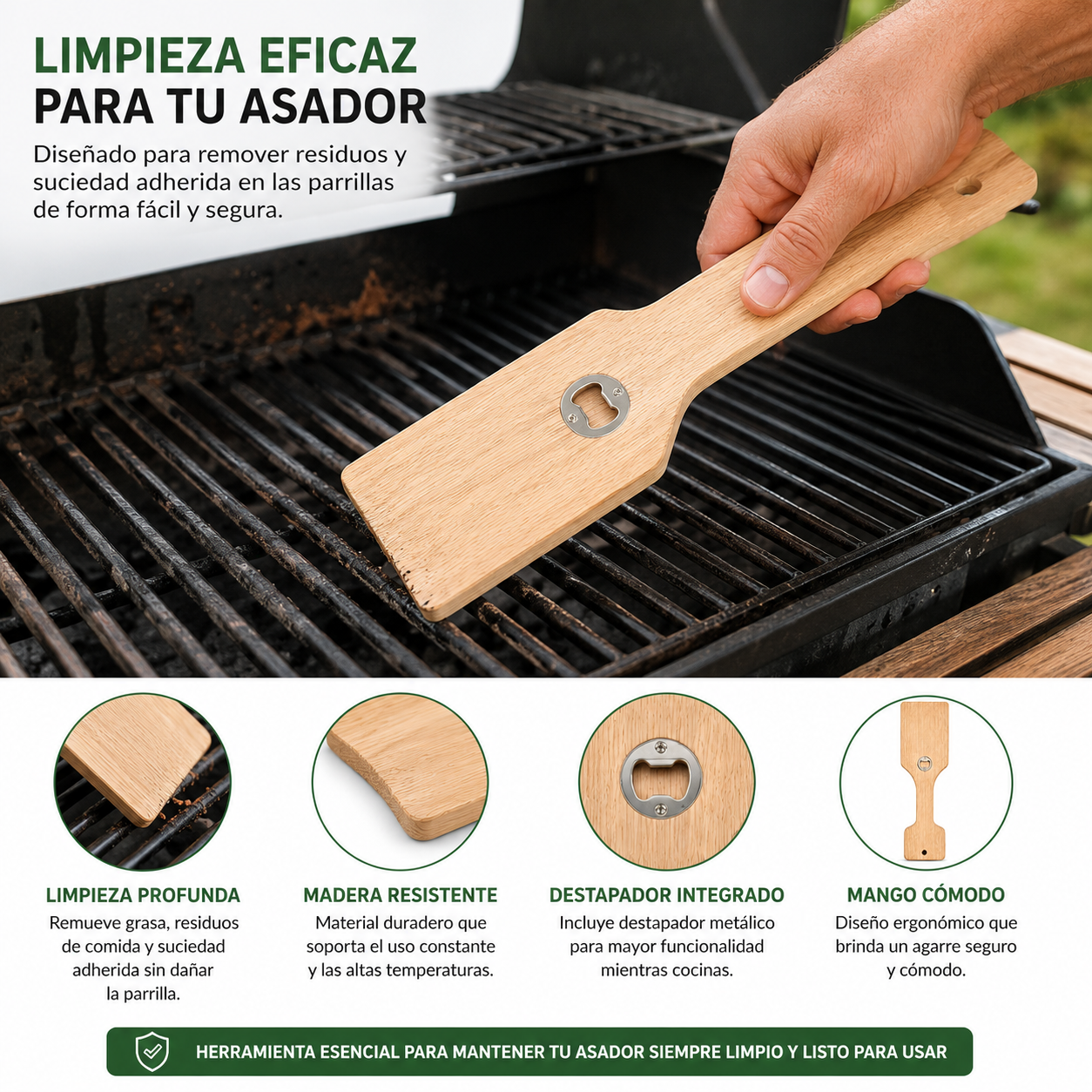 Raspador Limpiador Para Parrilla Madera Encino