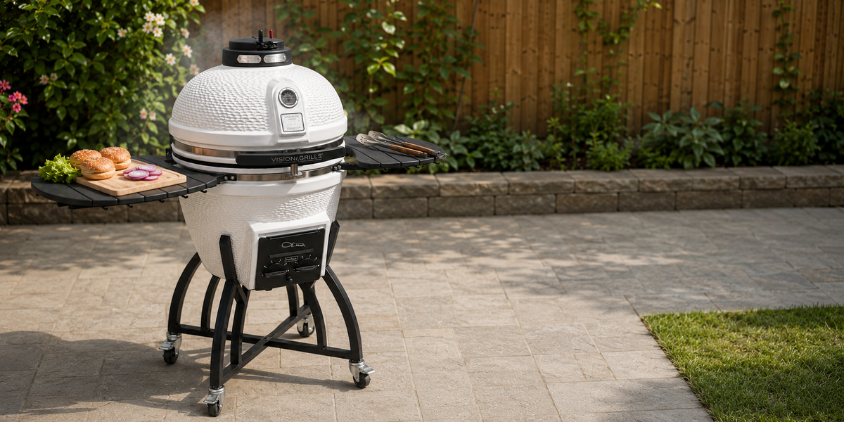Asador kamado Serie S blanco de Vision Grills con mesas laterales en un jardín