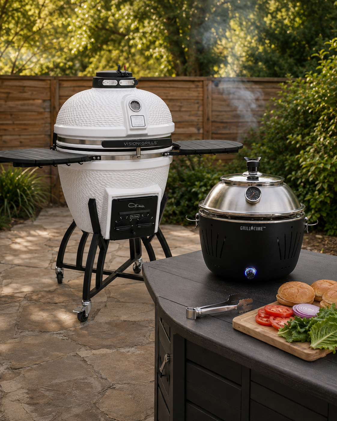 Asador kamado blanco Vision Grills y asador portátil Grill Time en patio con hamburguesas y verduras