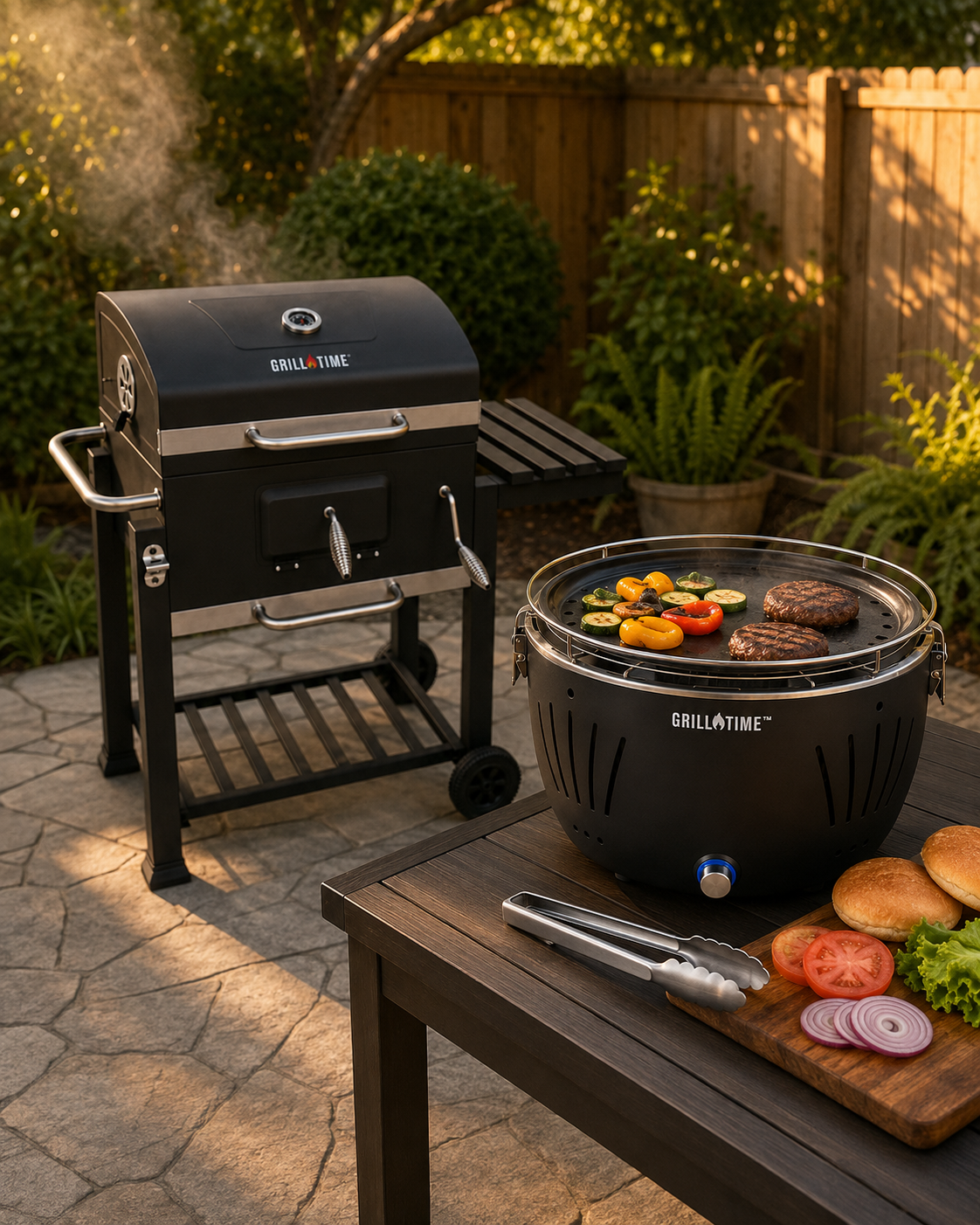Asador cuadrado de carbón con ruedas y asador portátil Grill Time con carne y verduras en un patio