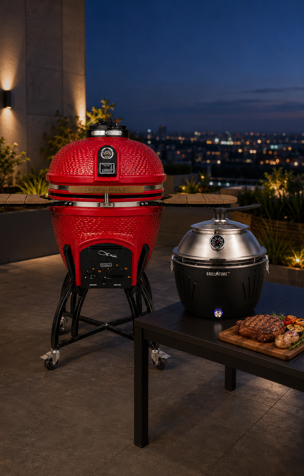 Asador kamado rojo Vision Grills Serie C y asador portátil Grill Time con carne asada en terraza de noche