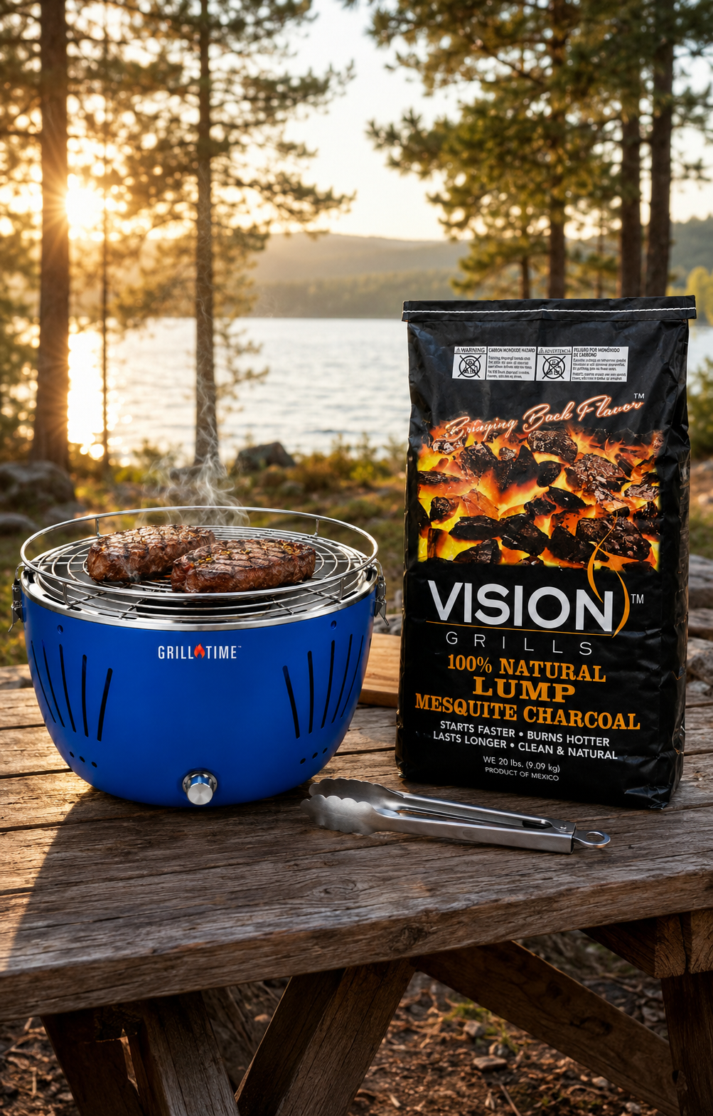 Asador portátil Grill Time azul con carne y bolsa de carbón de mezquite Vision Grills en mesa junto a un lago
