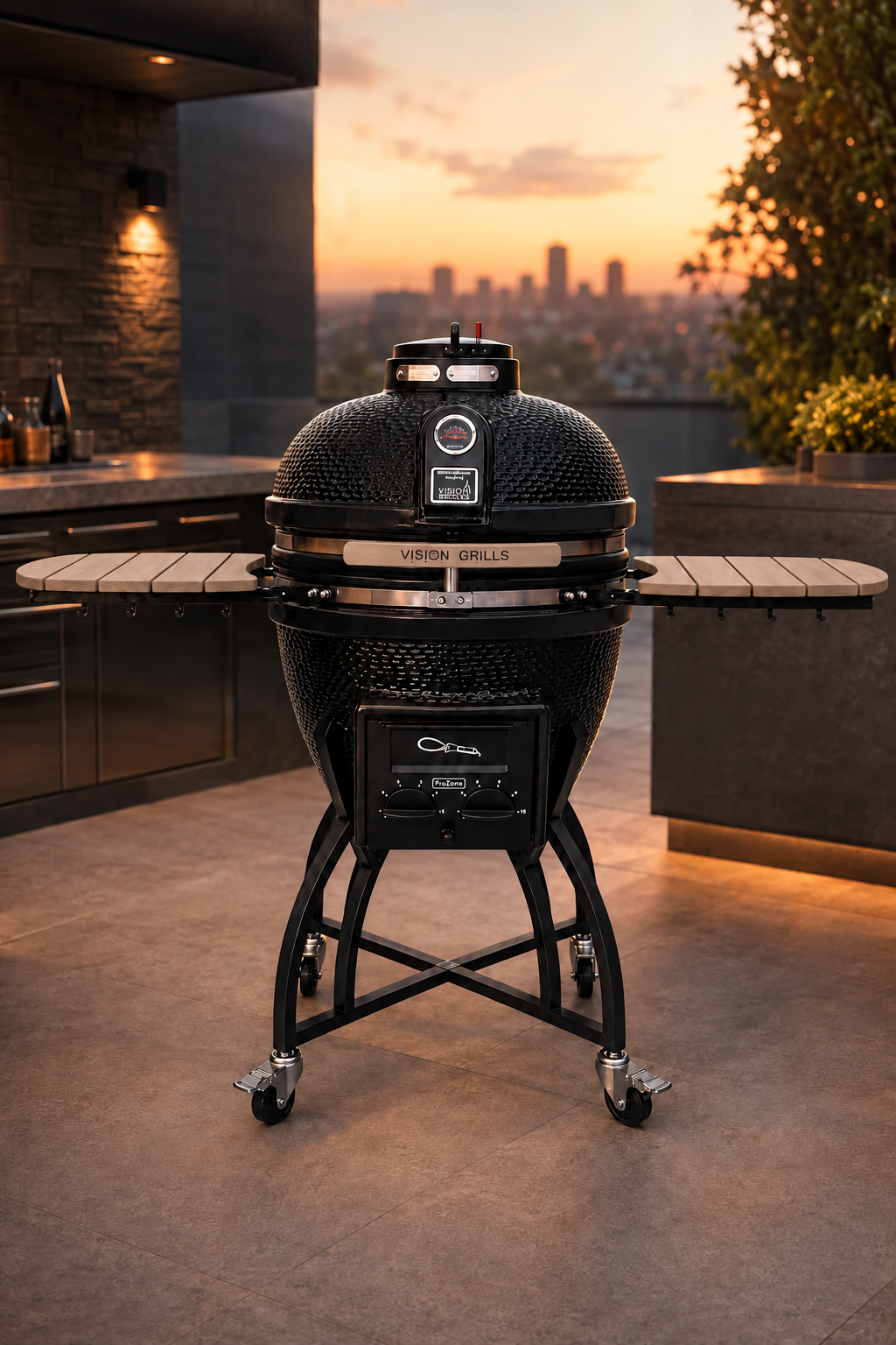 Asador kamado de cerámica negro Vision Grills con mesas laterales en cocina exterior al atardecer