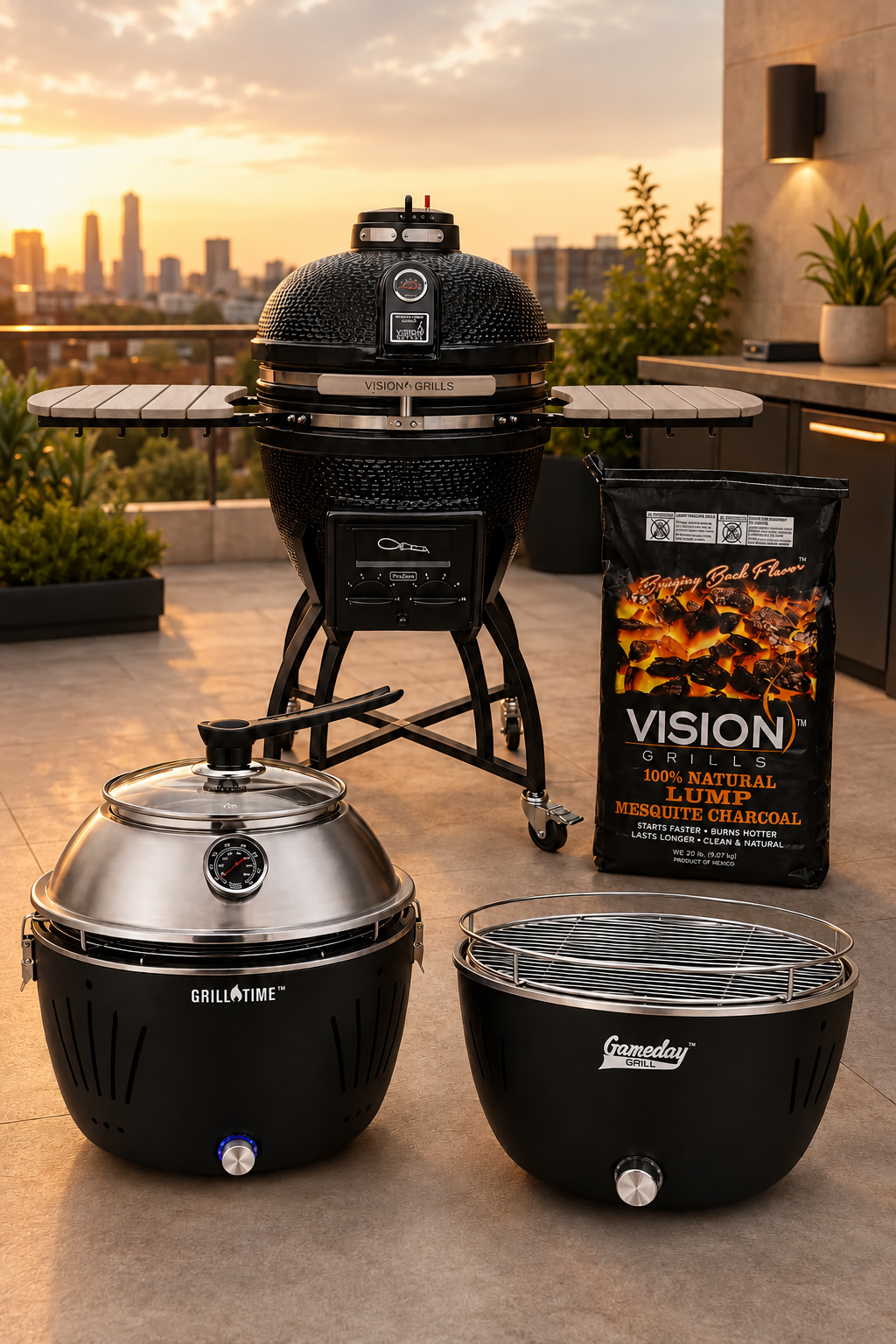 Asador kamado Vision Grills, asadores portátiles Grill Time y Gameday y carbón de mezquite en una terraza