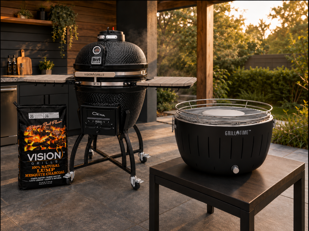 Asador kamado negro Vision Grills y asador portátil Grill Time con carbón de mezquite en terraza exterior